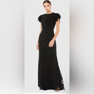 Mac Duggal - Black High Neck Flutter Cap Sleeve Gown